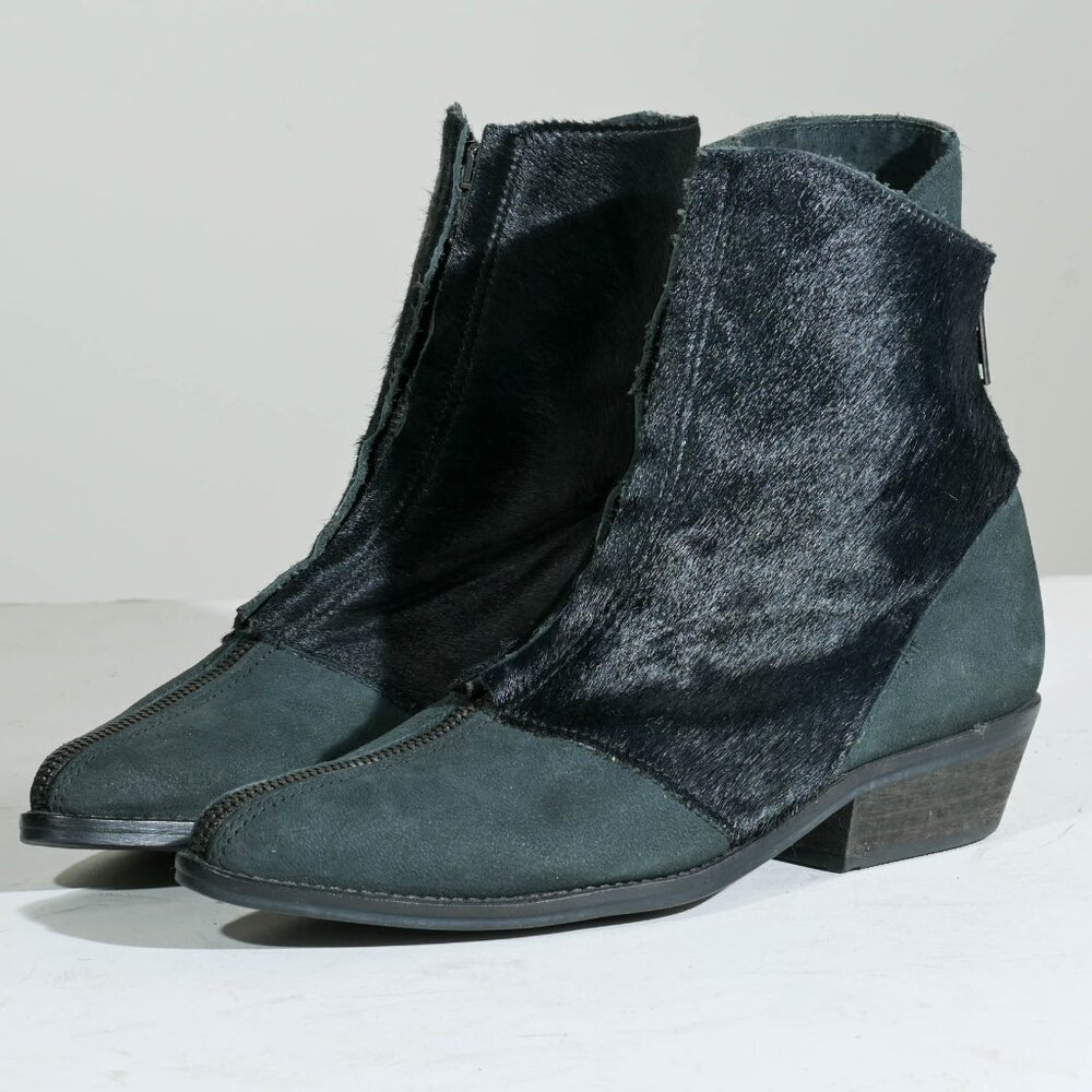 Free People Caldera Ankle Boot 37 Front Zip Black Calf Hair Suede Western